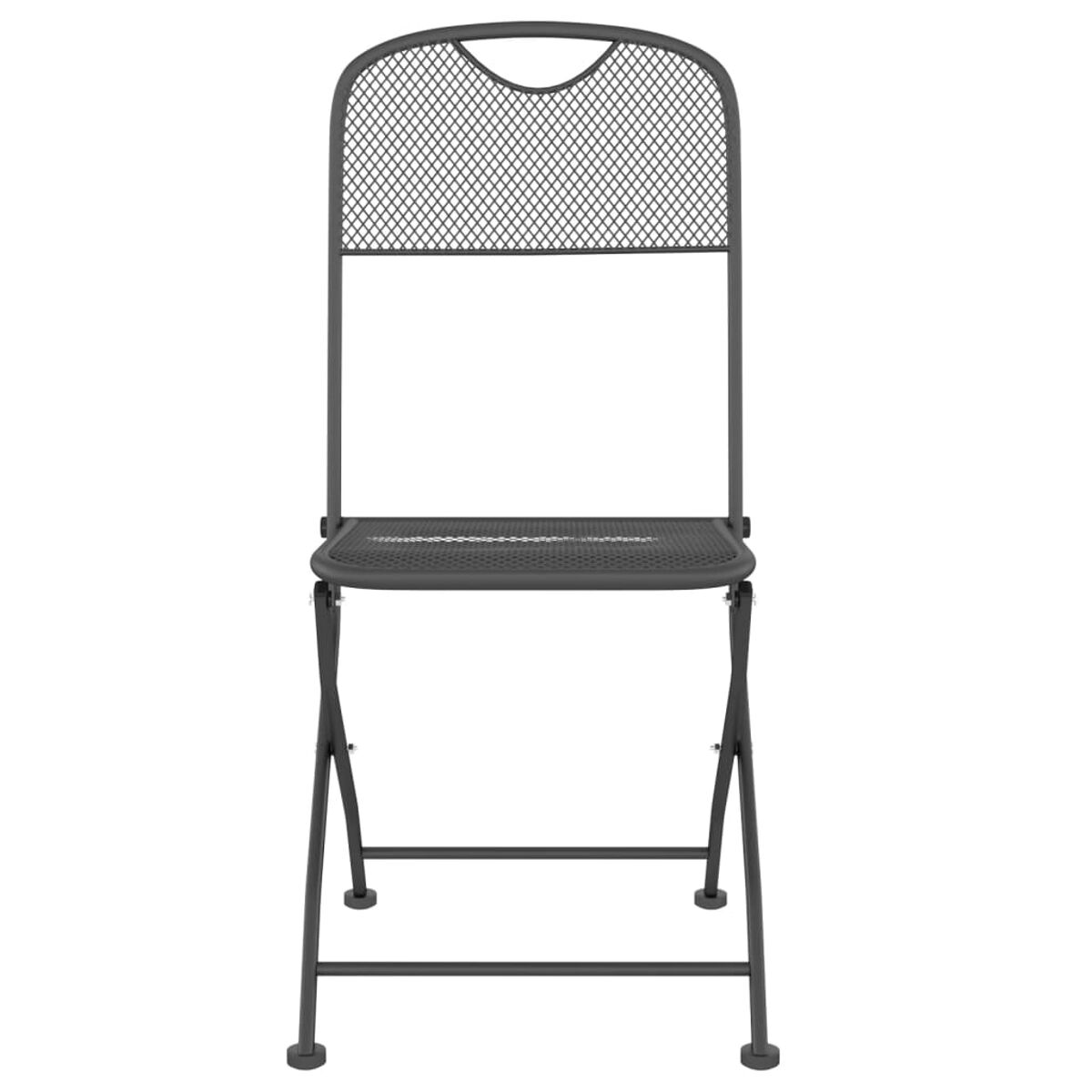 Dunkelgrauer Klappstuhl. Metallrahmen, Netzrücken und -sitz. Einfaches Design.