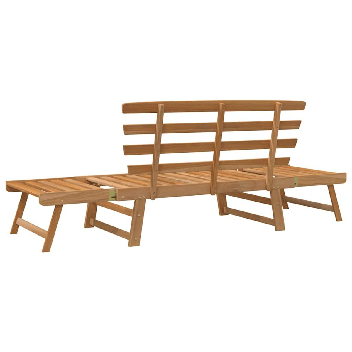 Outdoor-Holzbank mit Rückenlehne. Es hat ein Lamellen-Design und ein Klappelement.