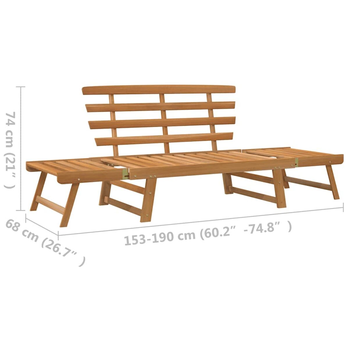Holzbank mit Rückenlehne und ausziehbaren Seiten. Abmessungen werden angezeigt.