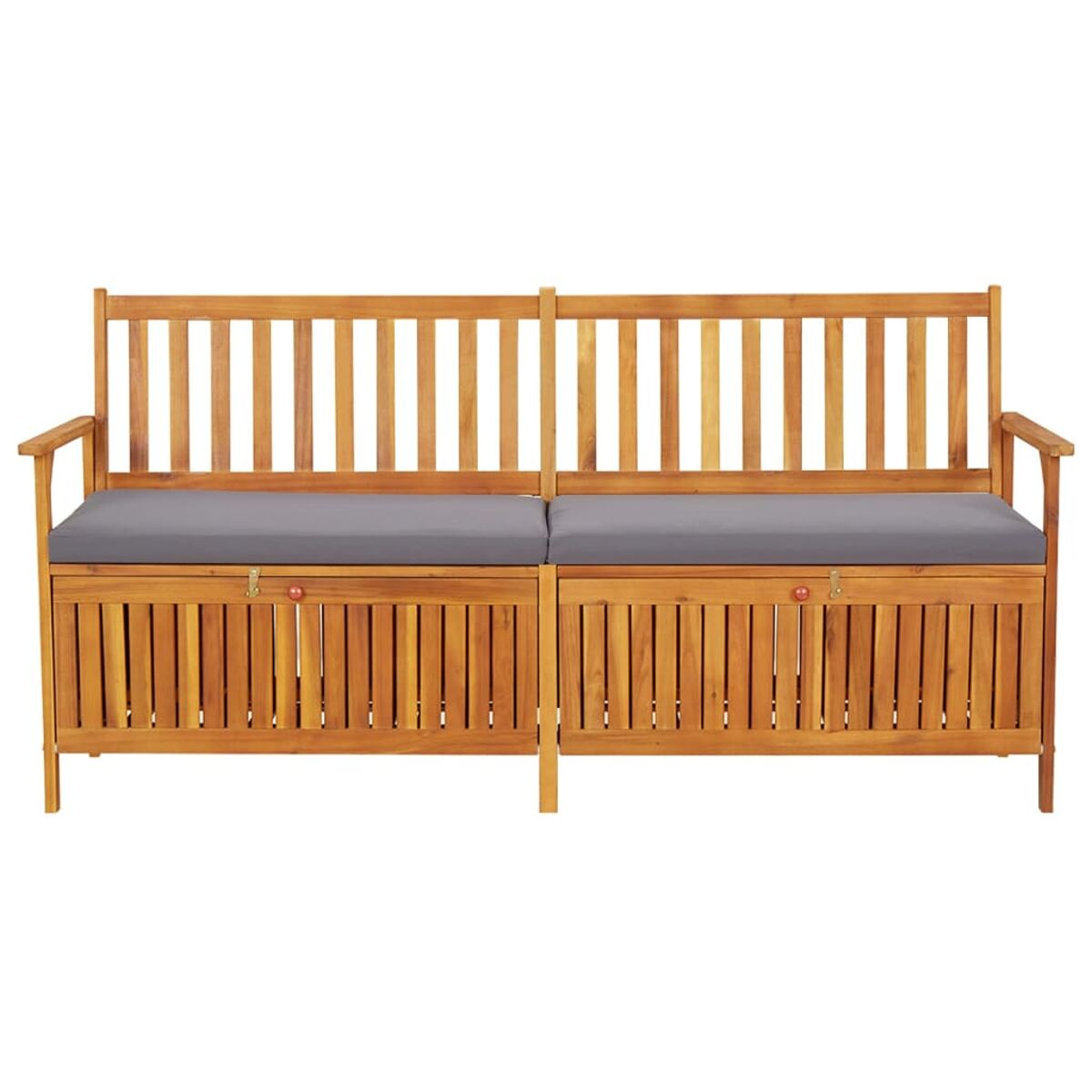 Holzbank mit zwei Staufächern. Enthält zwei graue Kissen.