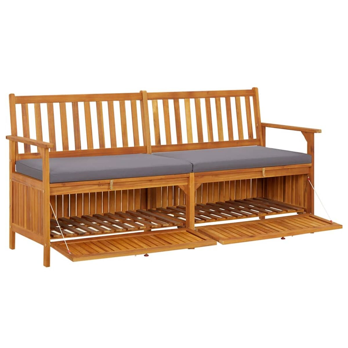 Holzbank mit zwei Staufächern, grauem Kissen und offenen Türen. Die Bank ist im Freien.