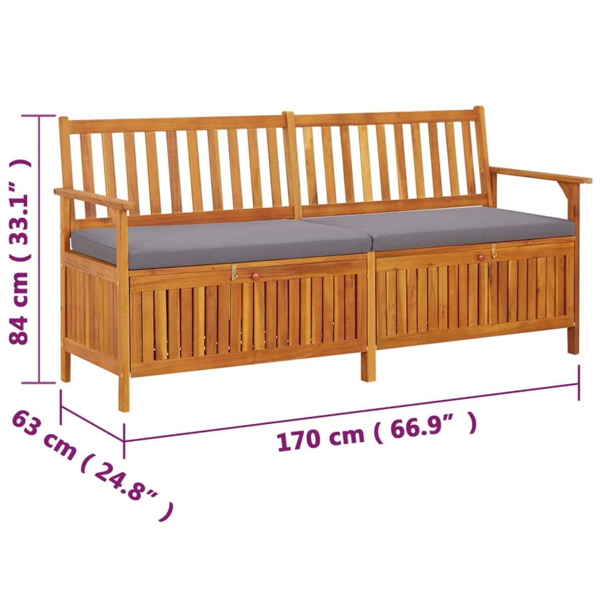 Holzbank mit grauen Kissen. Abmessungen: 170 cm lang, 84 cm hoch, 63 cm tief.