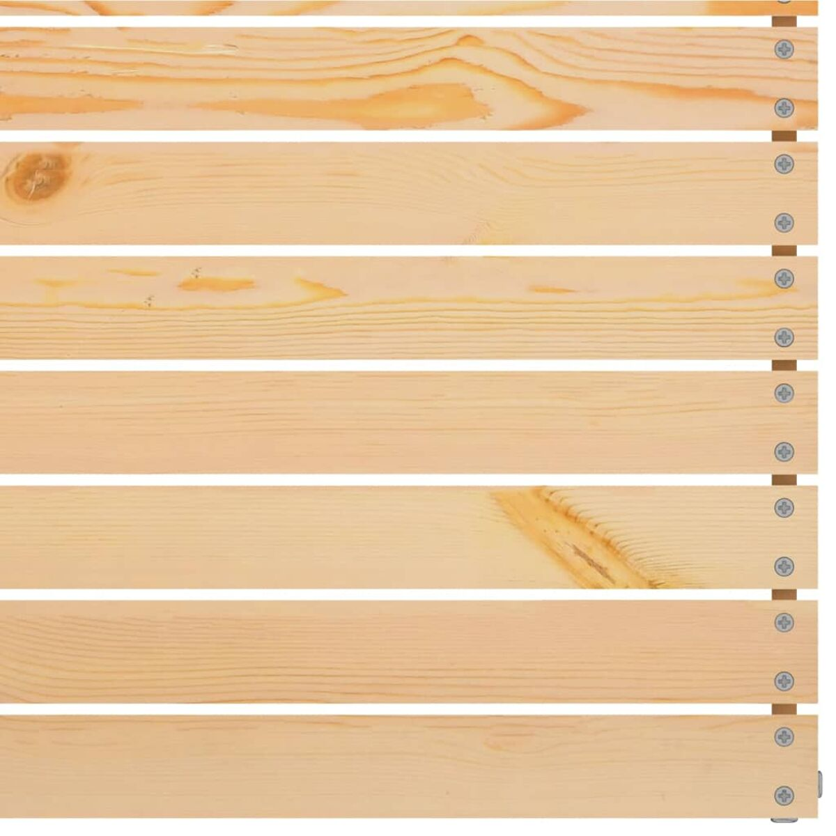 Neun Holzbretter, horizontal angeordnet. Jedes Brett zeigt Holzmaserung. Schrauben sind auf einer Seite sichtbar.