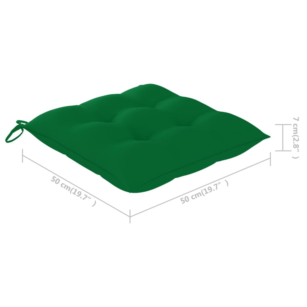 Grünes quadratisches Outdoor-Sitzkissen mit Abmessungen. Weißer Hintergrund.