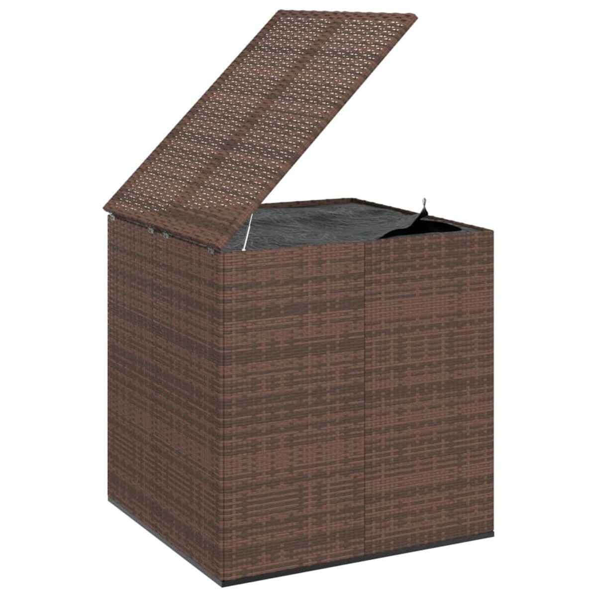 Braune Wicker-Aufbewahrungsbox mit offenem Deckel.