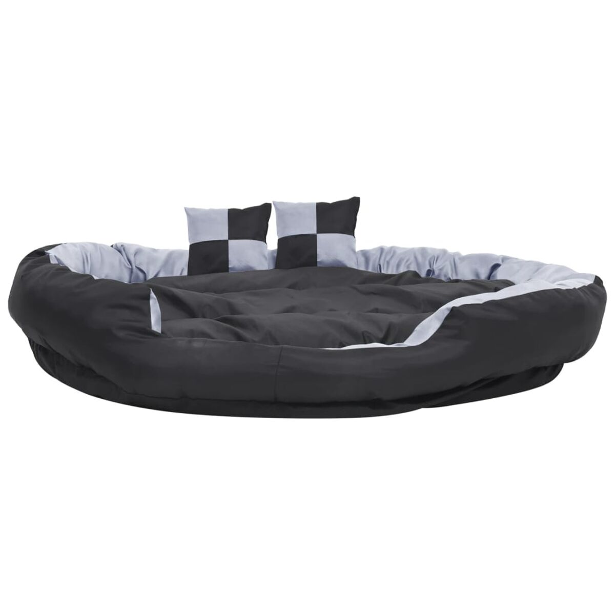 Schwarz-graues Hundebett mit zwei karierten Kissen, runde Form, Nahaufnahme.