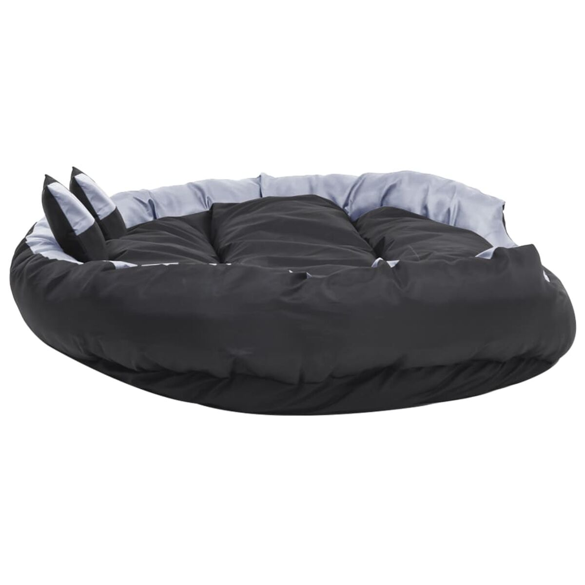 Ein schwarzes Hundebett mit Kissen und grauem Futter.