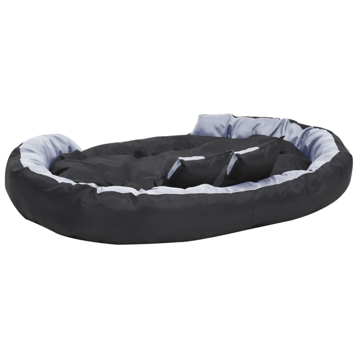 Ovale Haustierbett in Schwarz, mit grauem Rand und zwei kleinen Kissen.