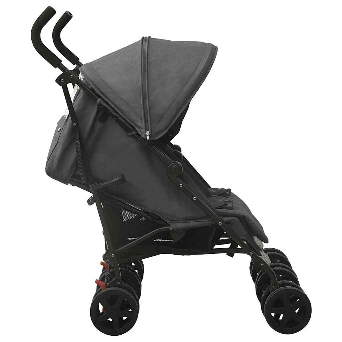 Grauer Kinderwagen mit schwarzem Rahmen und Rädern. Weißer Hintergrund.