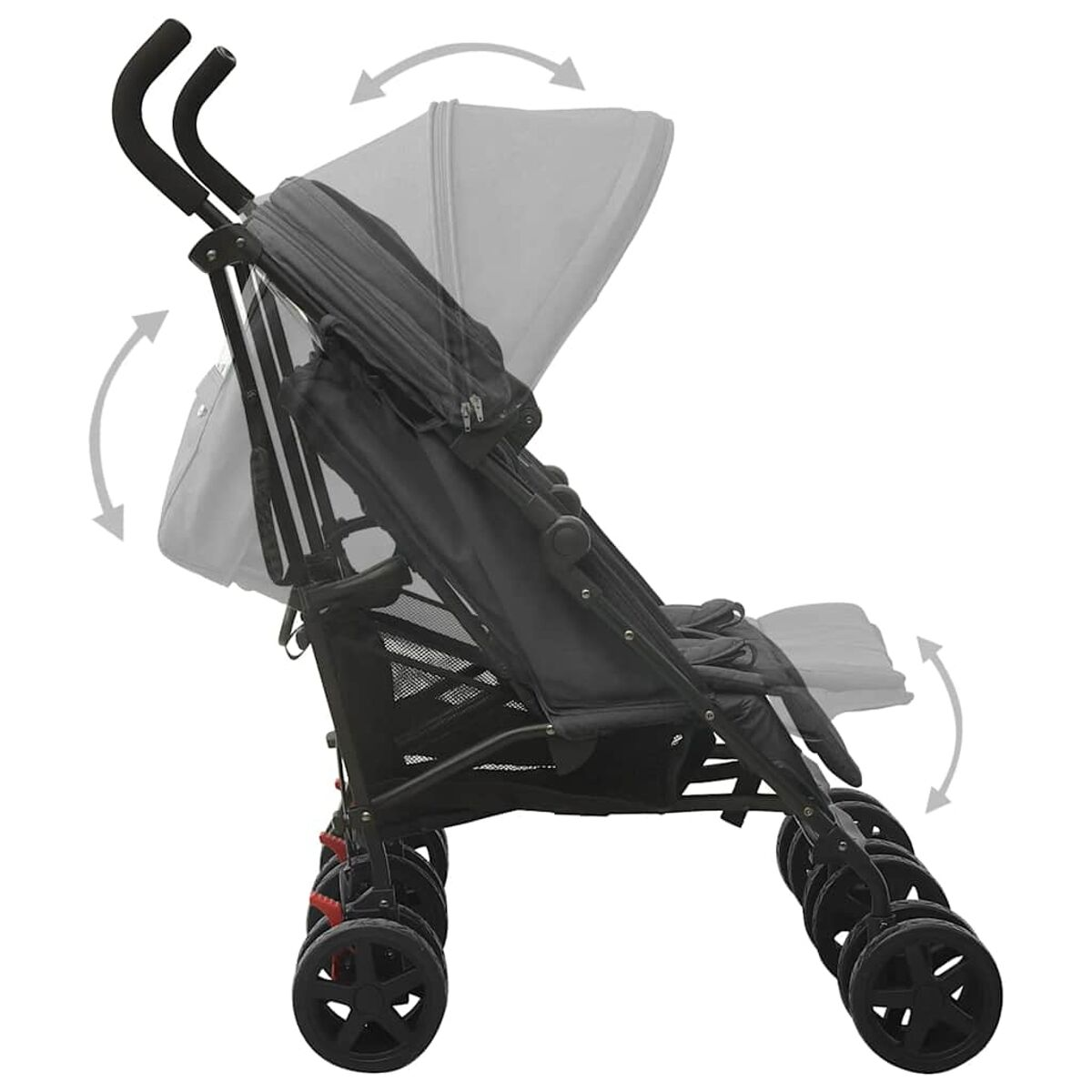 Kinderwagen Seitenansicht. Pfeile zeigen die Verstellbarkeit von Sonnenblende und Sitz.