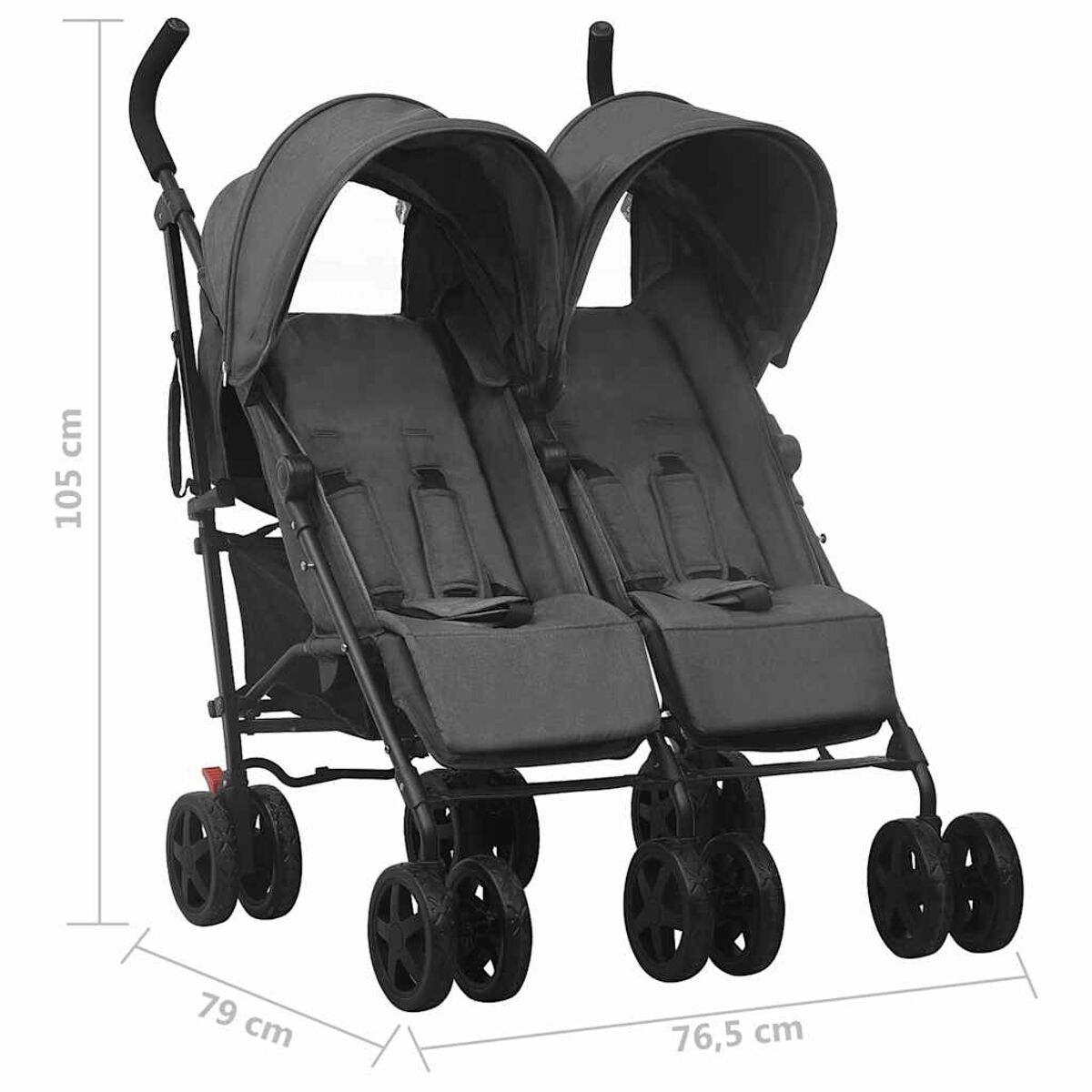 Doppelkinderwagen, grauer Stoff, schwarzer Rahmen, zwei Sitze mit Verdecken. Abmessungen angegeben.