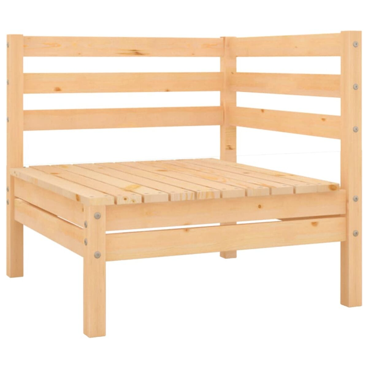 Ein Ecksofa aus Holz. Es besteht aus hellem Holz. Es hat eine flache Sitzfläche und Rückenlehnen.