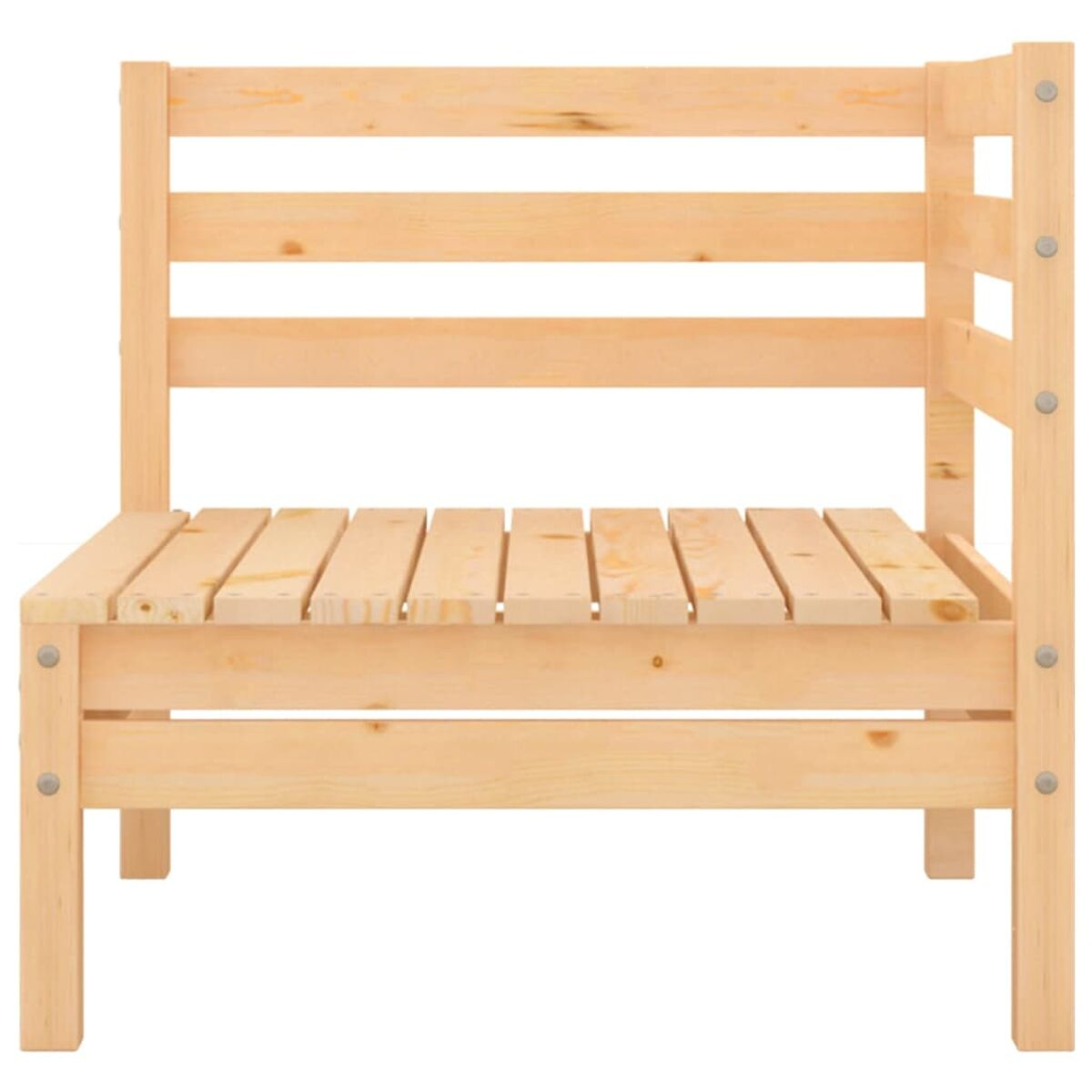 Ecksofa aus Holz für draußen. Hellbraune Farbe, Lattenrost und Rückenlehne. Seitenteile.