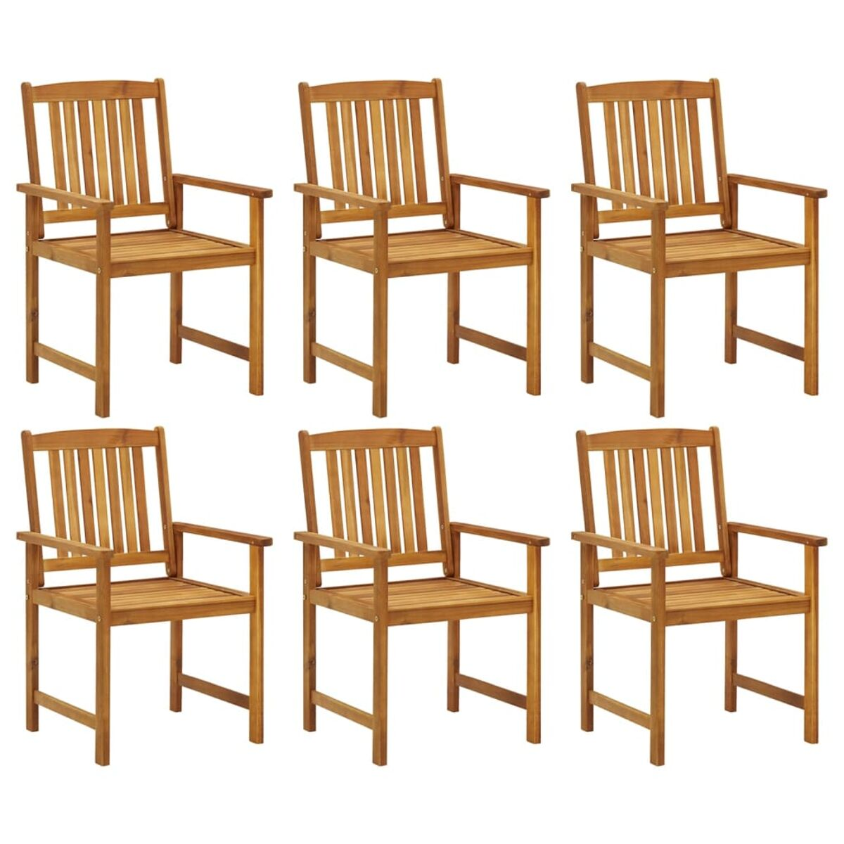 Sechs Holzarmstühle mit natürlichem Finish, in einer Reihe angeordnet.