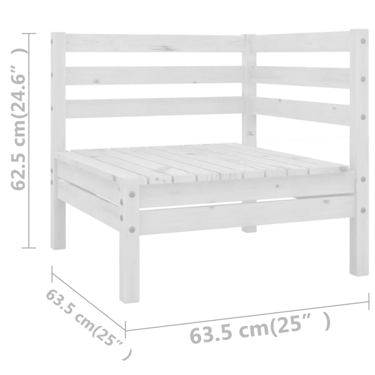Weißes Ecksofa. Die Abmessungen betragen 63,5 x 63,5 x 62,5 cm.