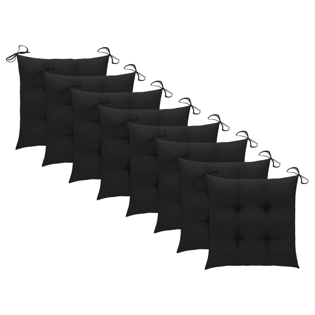 Ein Satz von acht schwarzen quadratischen Kissen mit Bindeschnüren. Die Kissen haben Knopfdetaillierung.
