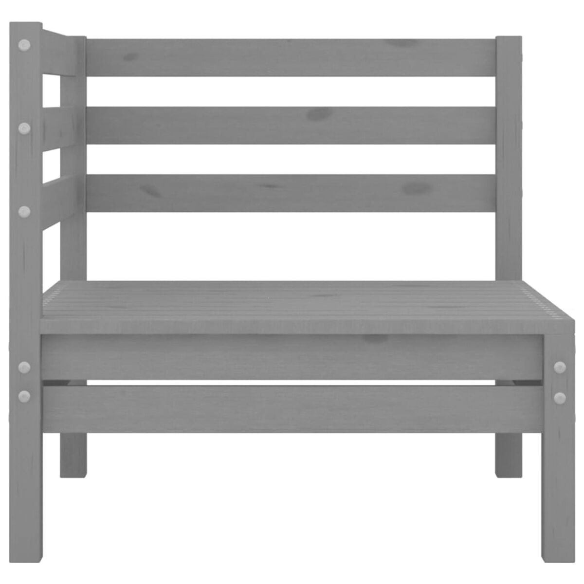 Graues Ecksofa aus Holz. Es hat eine Sitzfläche und Rückenlehne aus Latten mit vier horizontalen Latten.