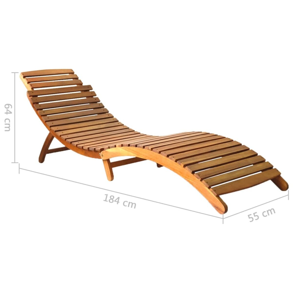 Chaiselongue aus Holz mit geschwungenem Design, Abmessungen zeigend. Braunes Holz mit weißem Hintergrund.