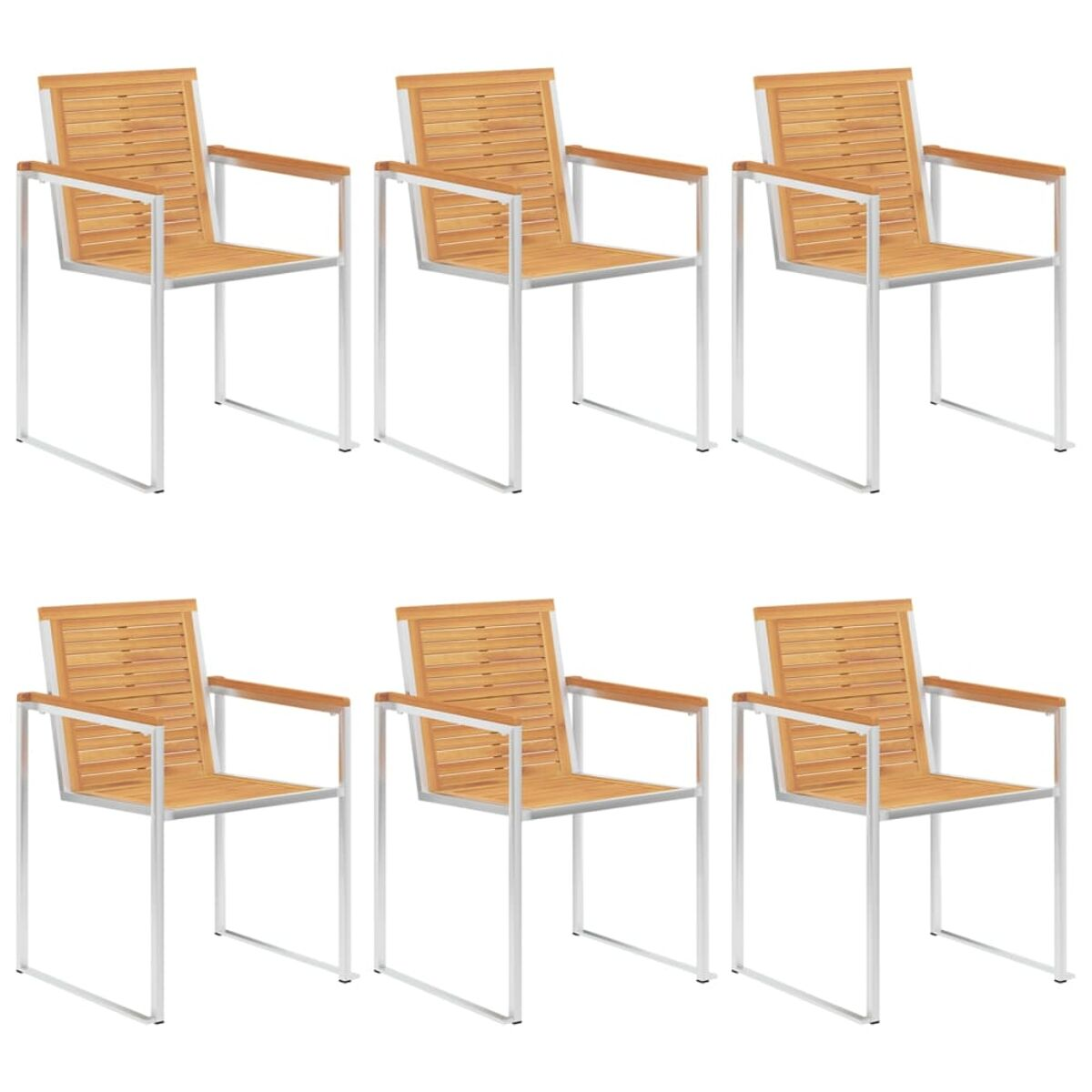 Sechs moderne Outdoor-Stühle mit Holzlattenlehnen und Armlehnen, weiße Rahmen.