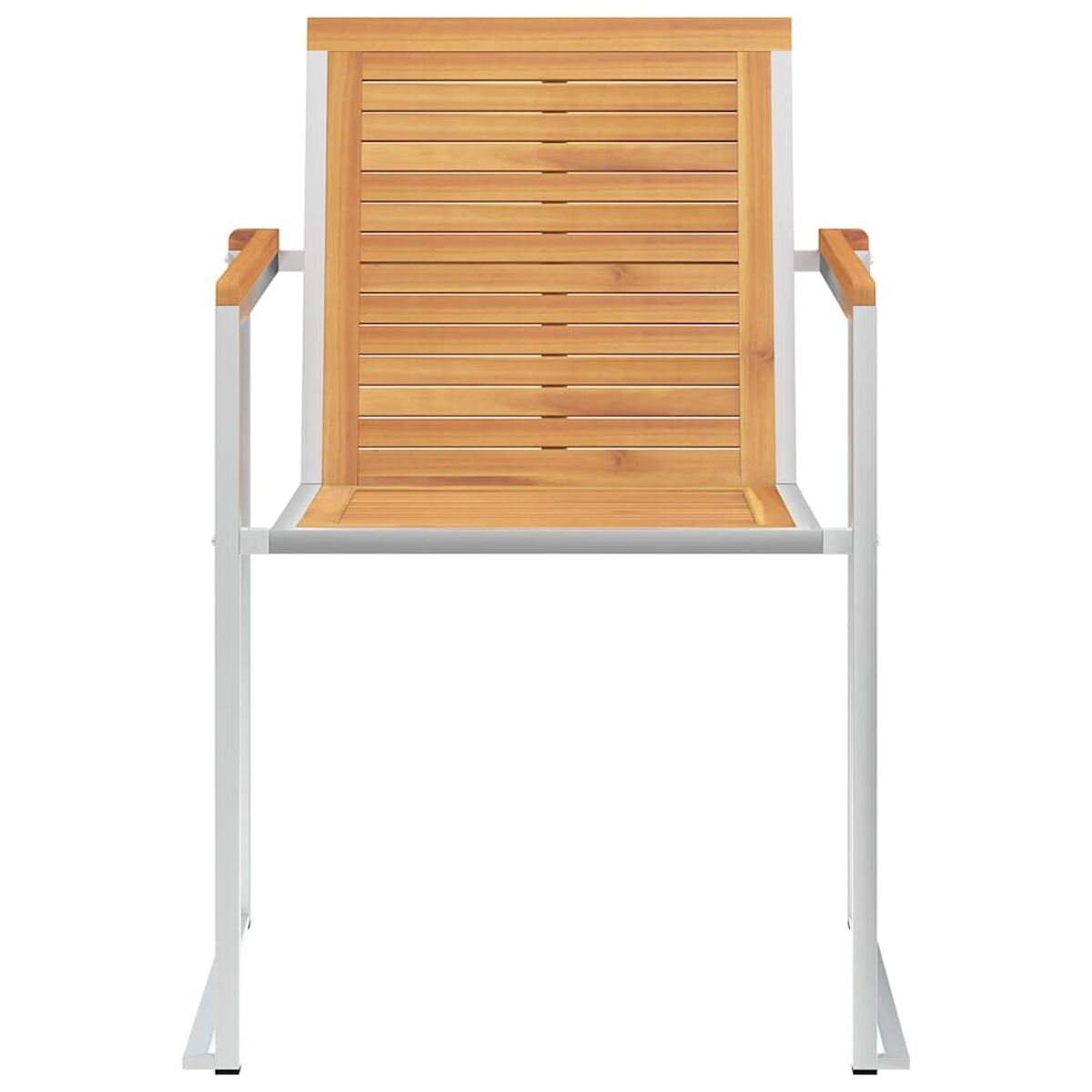 Stuhl mit Holzlattenrücken und -sitz. Er hat ein weißes Metallgestell und Armlehnen.