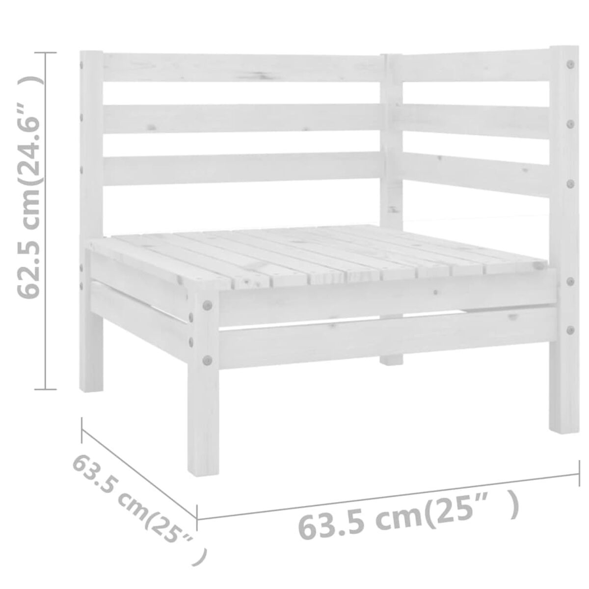 Ecksofa aus weißem Holz für den Außenbereich. Abmessungen sind angegeben.