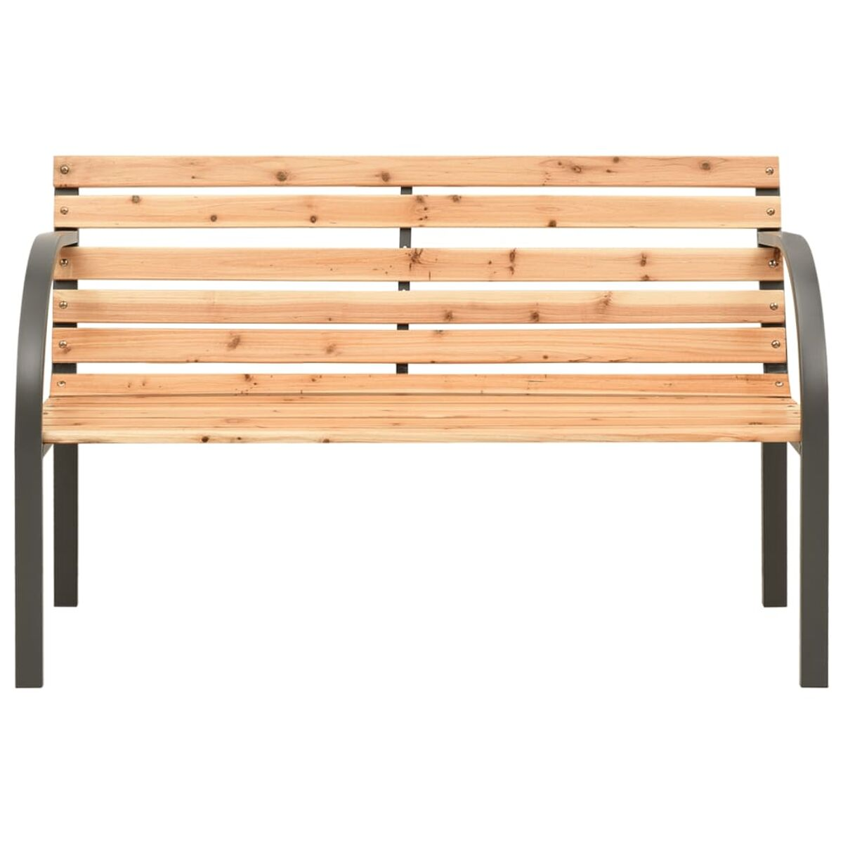 Holzbank mit hellbraunen Brettern und dunkelgrauem Metallrahmen und -beinen.
