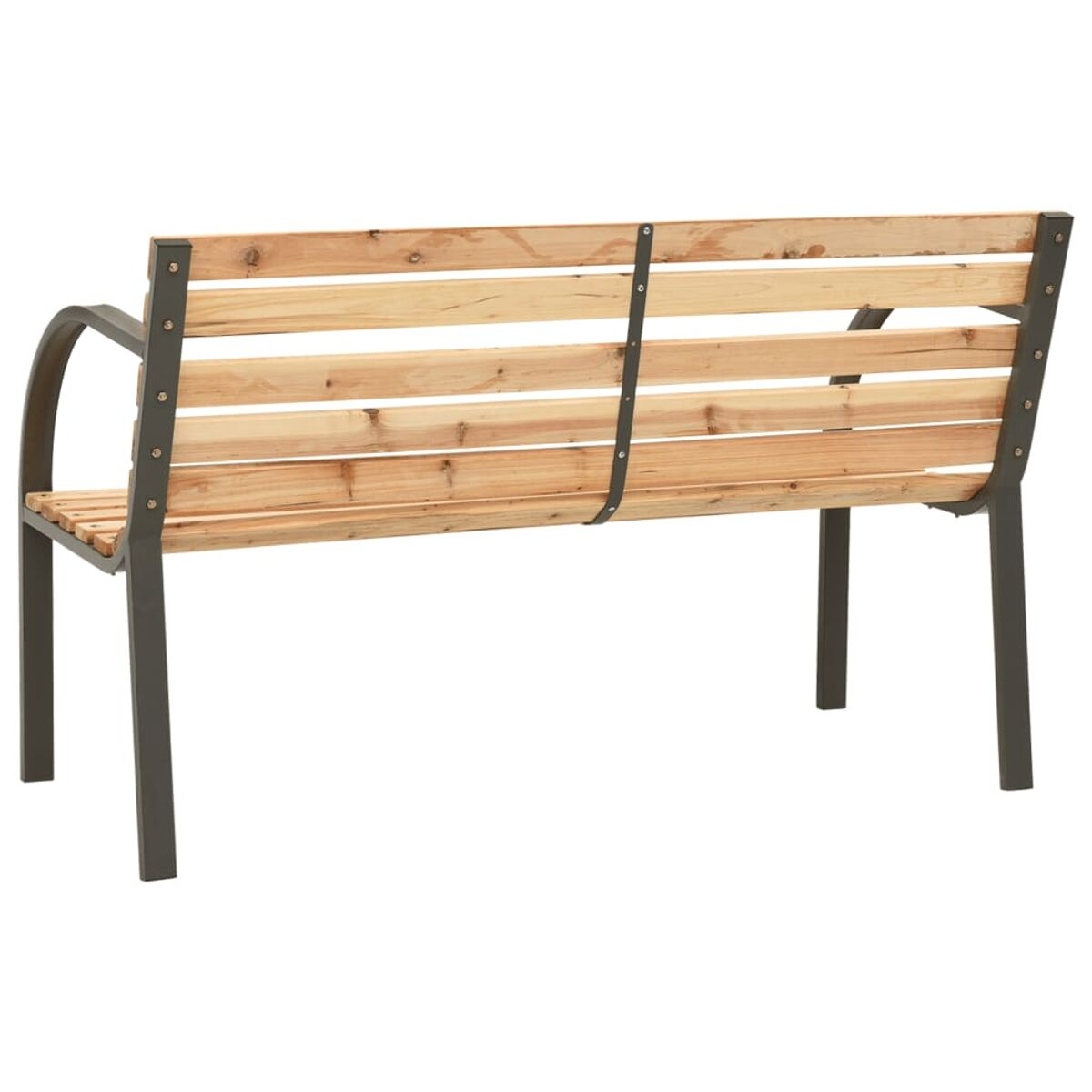Rückansicht einer Holzbank mit Metallbeinen. Die Bank hat Holzlatten für Sitz und Rücken.