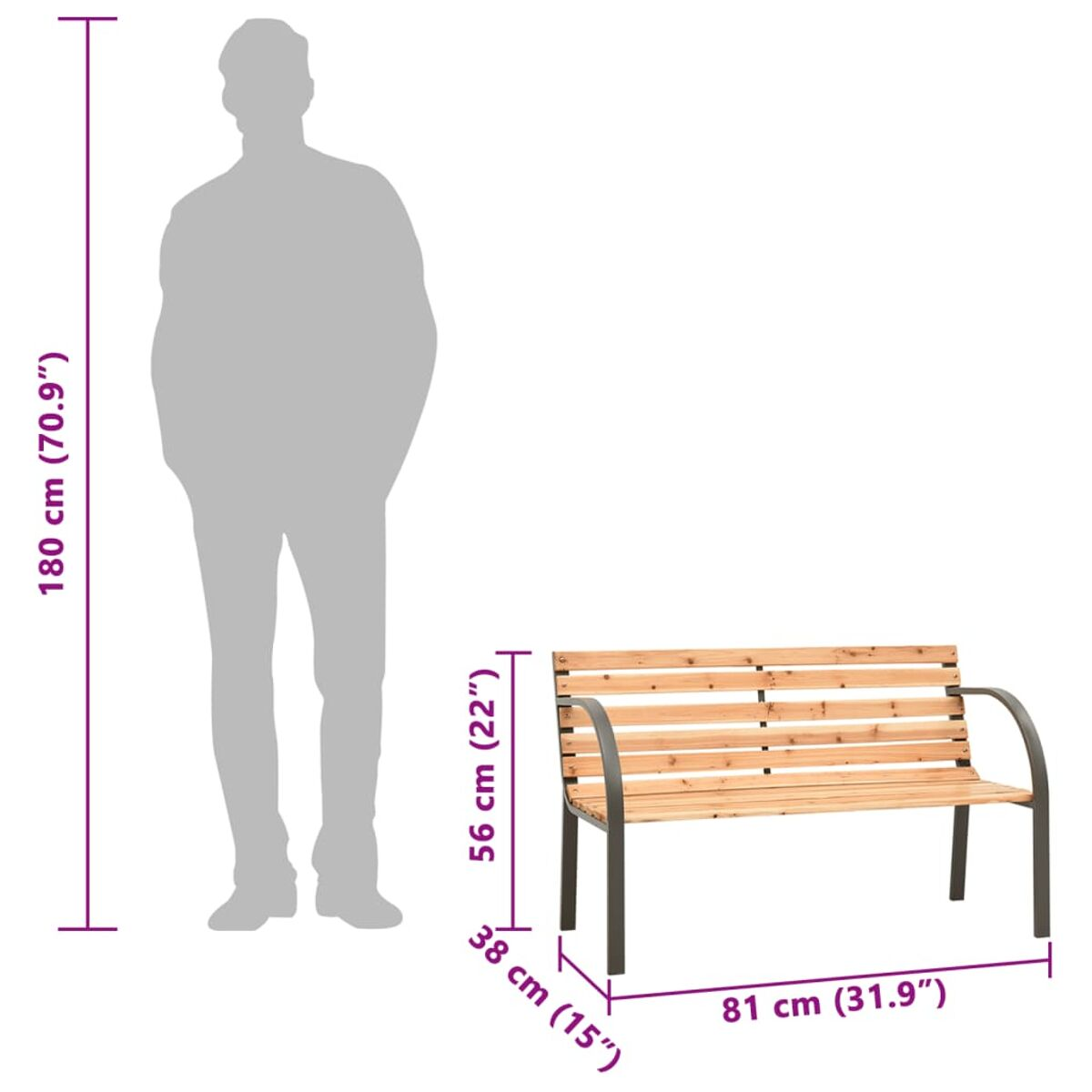 Person neben einer Holzbank. Bankmaße: 81 cm x 56 cm x 38 cm.