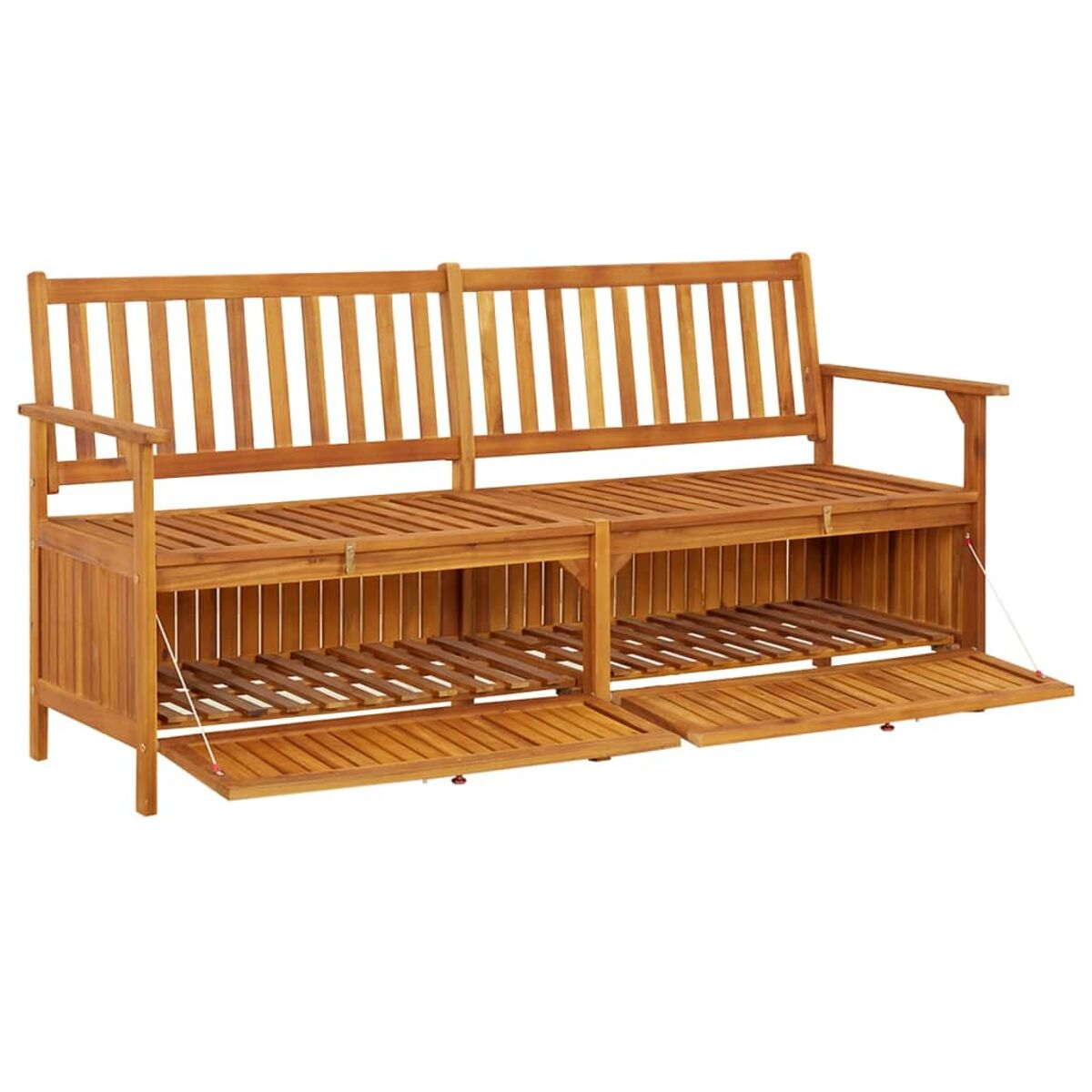 Holzbank mit Stauraum. Zwei Türen sind geöffnet.