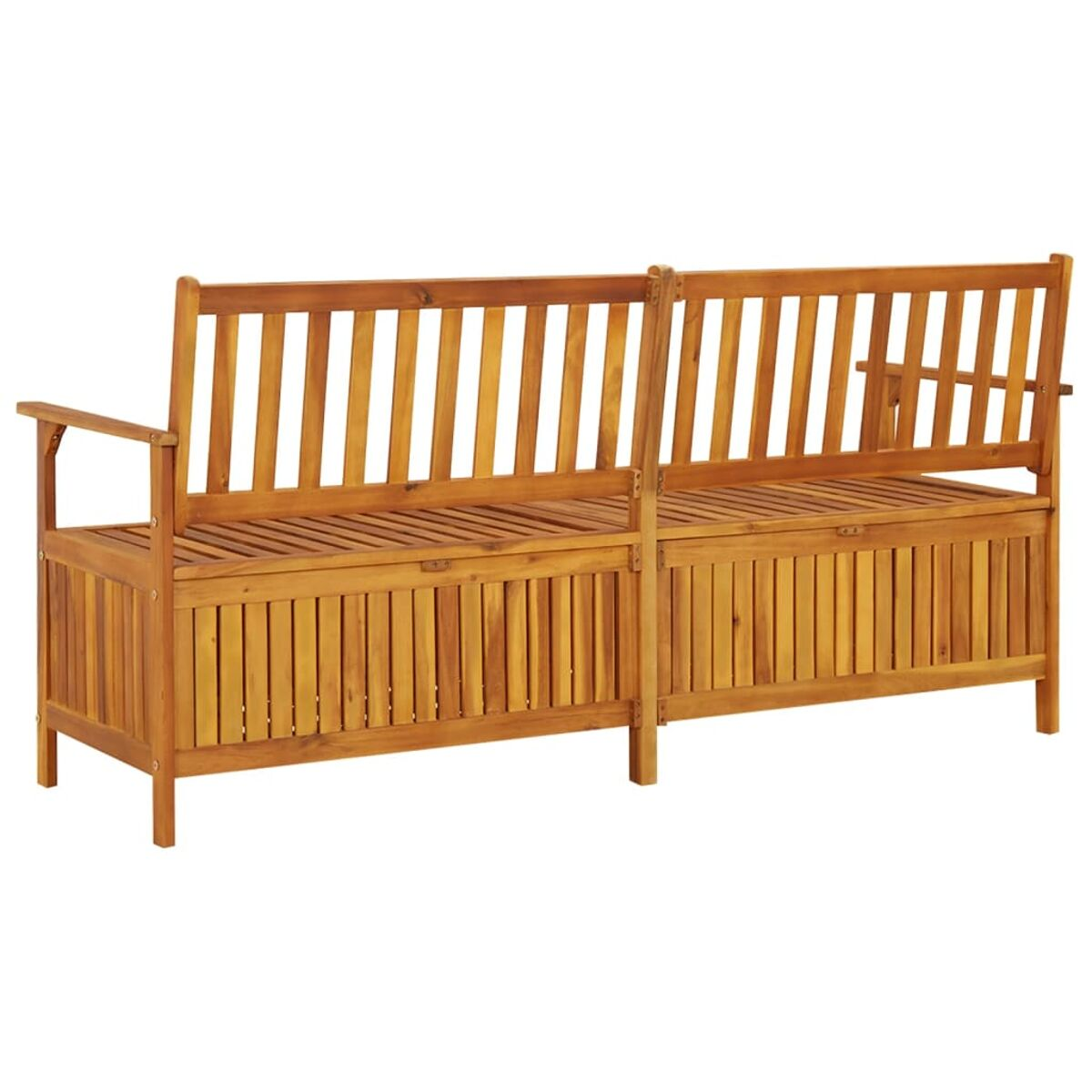 Holzbank mit Stauraum. Braune Farbe. Zwei Abschnitte. Lattenrücken und -sitz. Schlichter weißer Hintergrund.