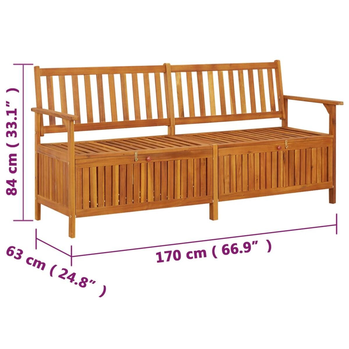 Outdoor-Aufbewahrungsbank aus Holz mit Abmessungen in Zentimetern und Zoll.