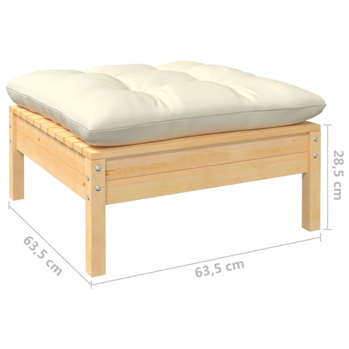 Hocker aus Holz mit cremefarbenem Kissen. Die Abmessungen sind im Bild dargestellt.