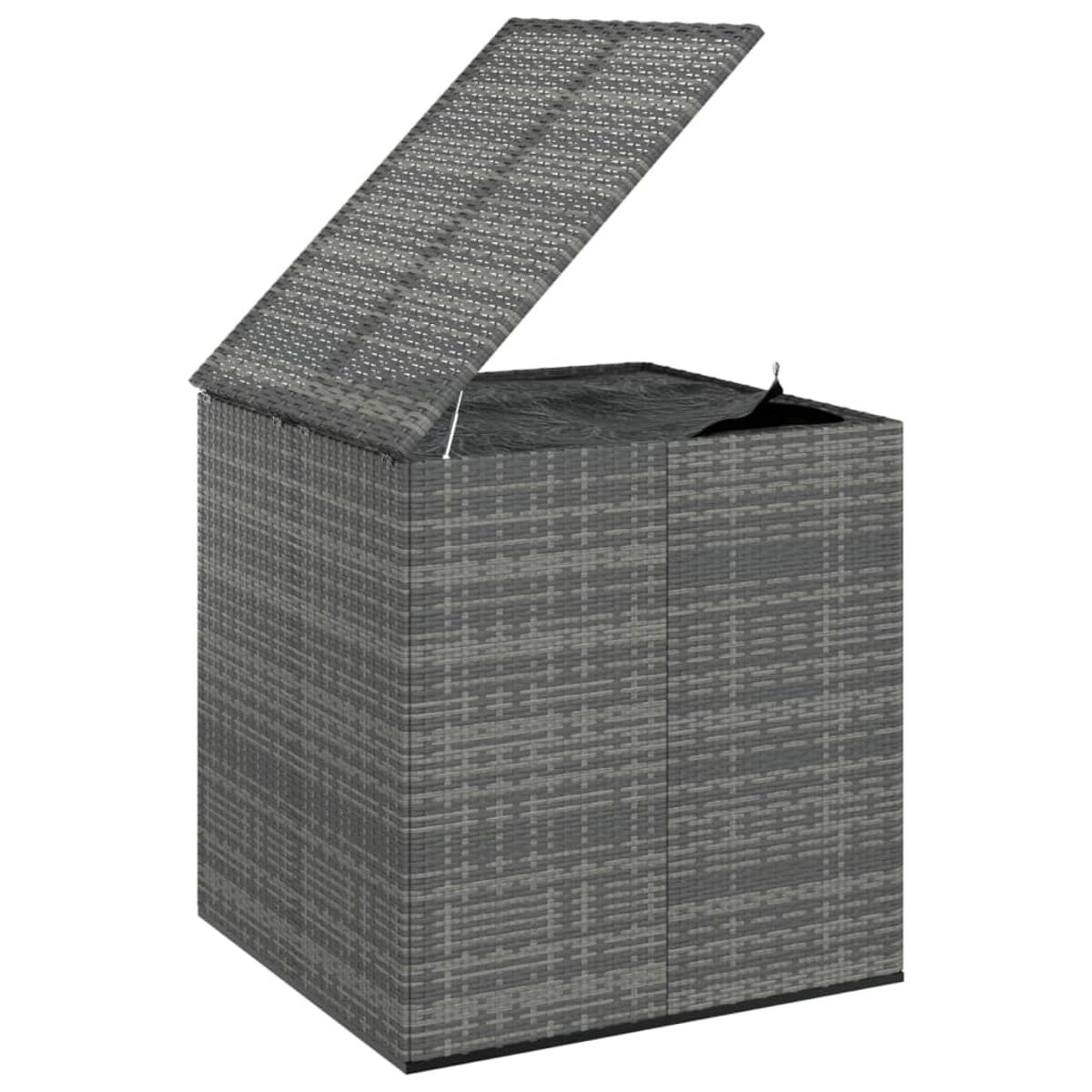 Graue, strukturierte Outdoor-Aufbewahrungsbox mit offenem Deckel, vor weißem Hintergrund.