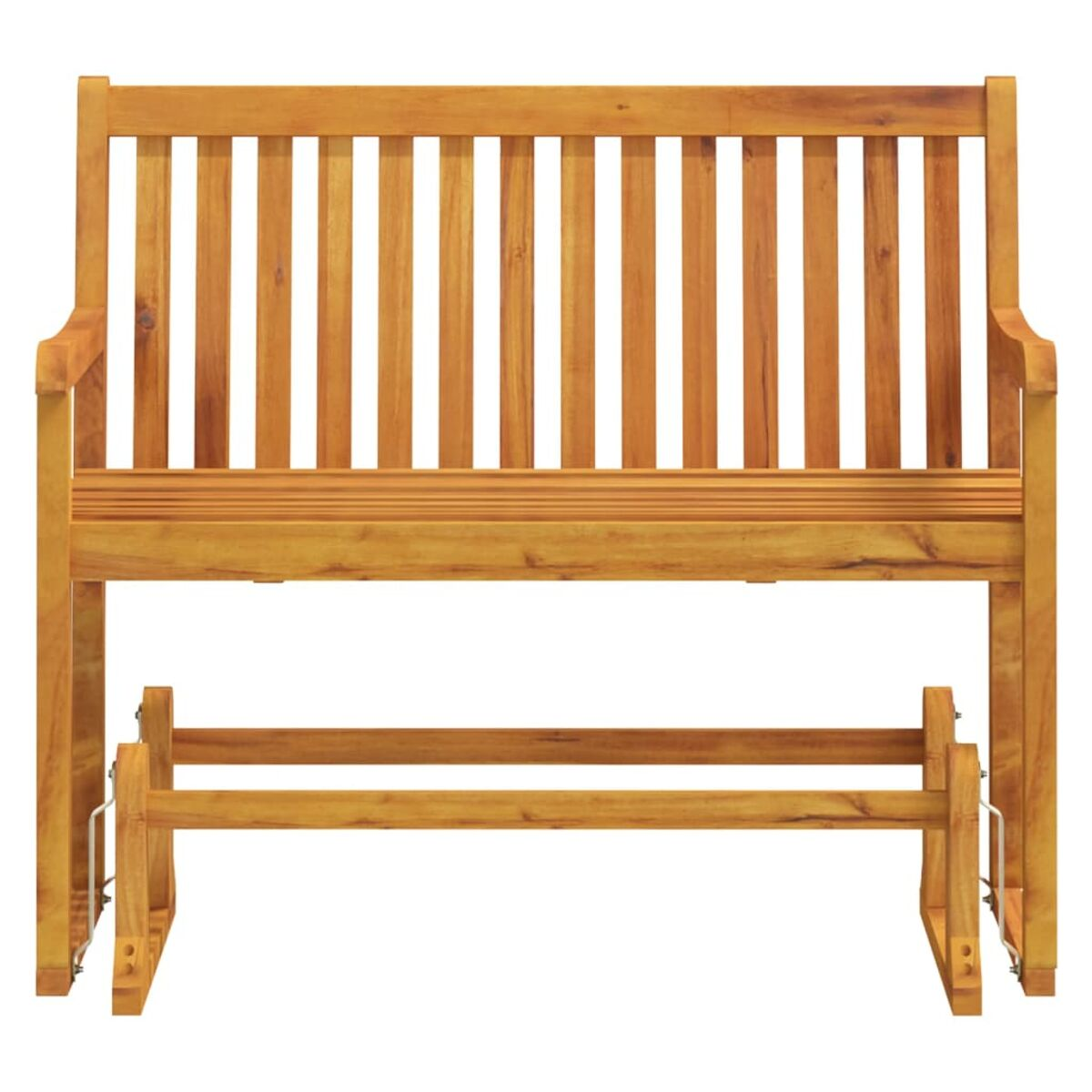 Holz-Schaukelbank mit Lattenrücken und Sitzfläche. Isoliert auf Weiß.