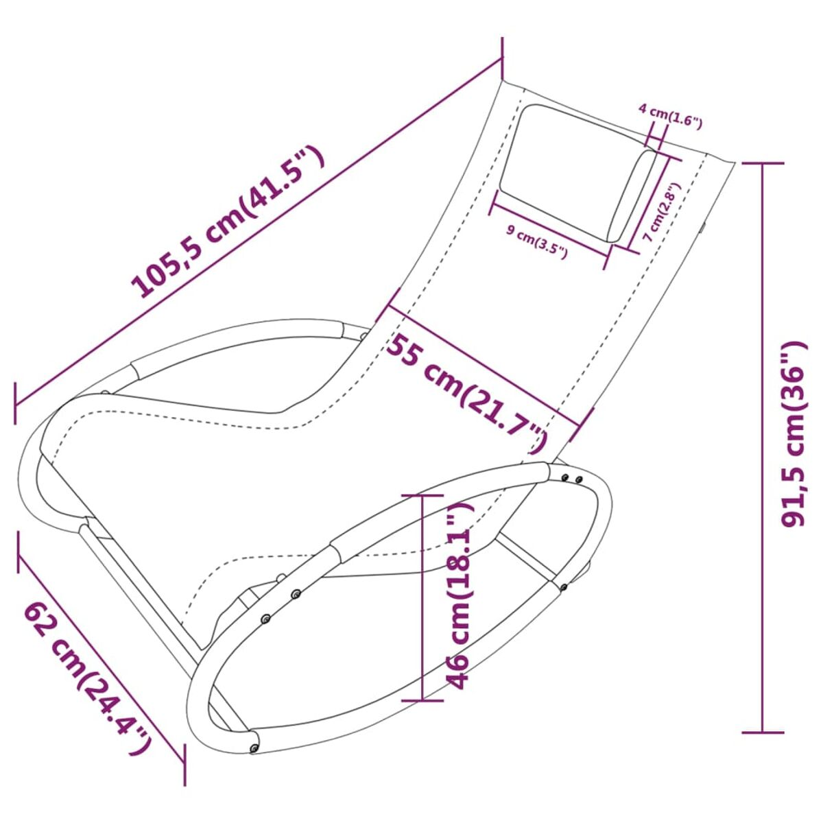 Diagramm eines Schaukelstuhls mit Abmessungen in cm und Zoll, auf weißem Hintergrund.