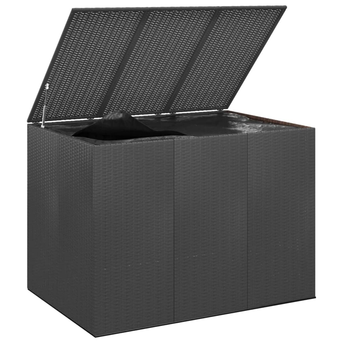 Schwarze Aufbewahrungsbox mit offenem Deckel. Sie hat eine gewebte Textur und dunkles Inneres.