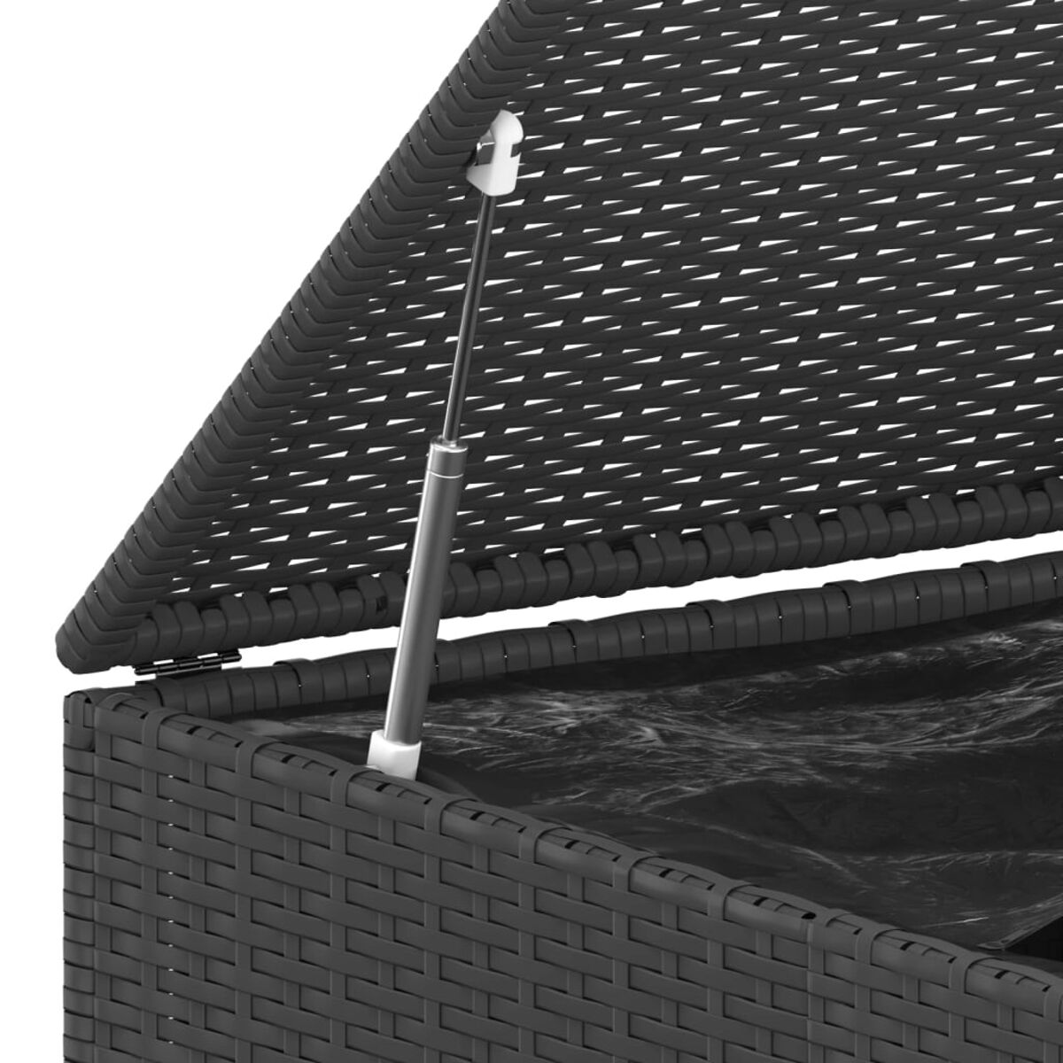 Nahaufnahme einer schwarzen Rattan-Aufbewahrungsbox mit halb geöffnetem Deckel, Gasfeder sichtbar.