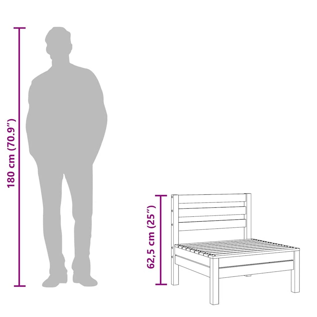 Silhouette einer Person neben einem Holzstuhl mit Abmessungen. Weißer Hintergrund. Maße in cm und Zoll.