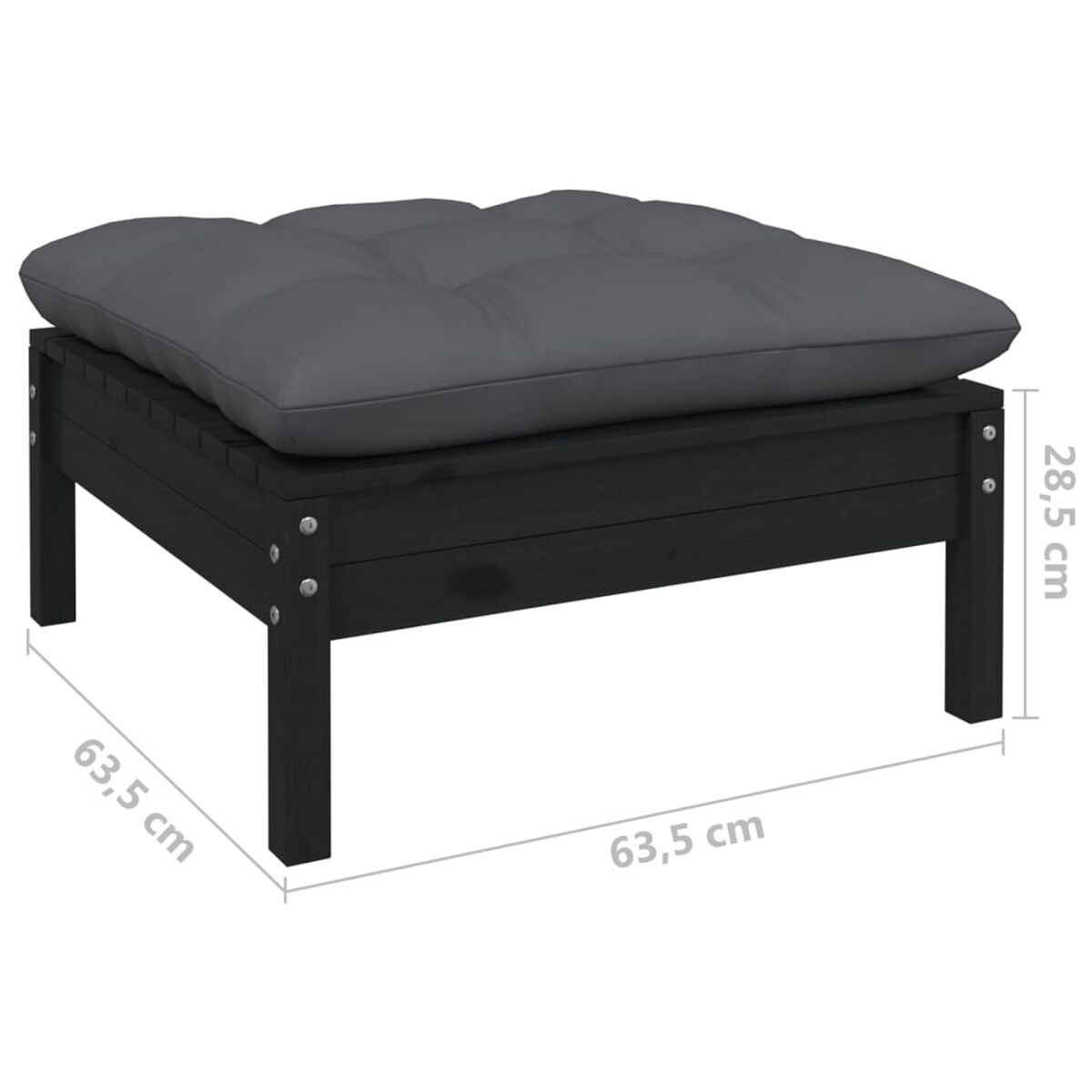 Schwarze Ottomane mit grauem Kissen auf weißem Grund.