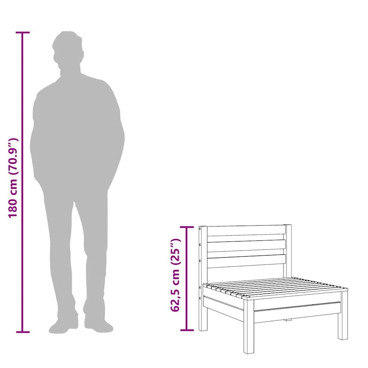 Silhouette einer Person neben einem Holzstuhl. Zeigt Abmessungen: 180 cm (70,9") und 62,5 cm (25").