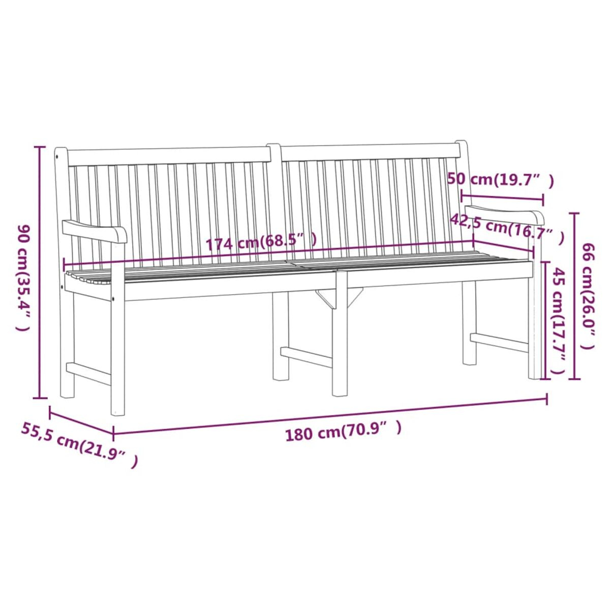 Ein Diagramm einer Holzbank mit Abmessungen in cm und Zoll.