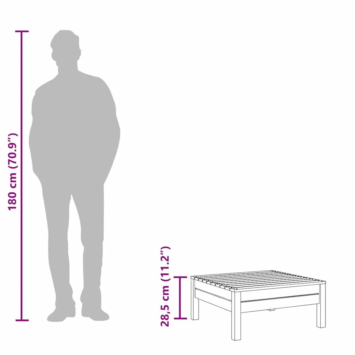 Eine Person Silhouette neben einem hölzernen Ottoman mit angegebenen Maßen.