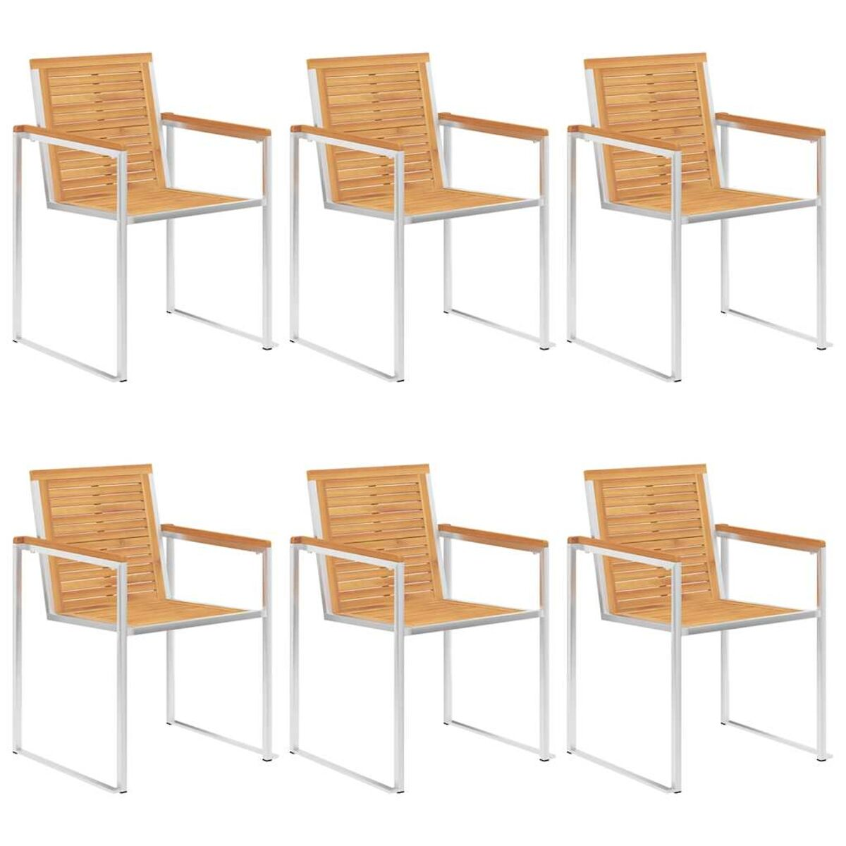 Sechs Holzstühle mit weißen Metallrahmen. Braune Lamellen für Sitz und Rückenlehne.