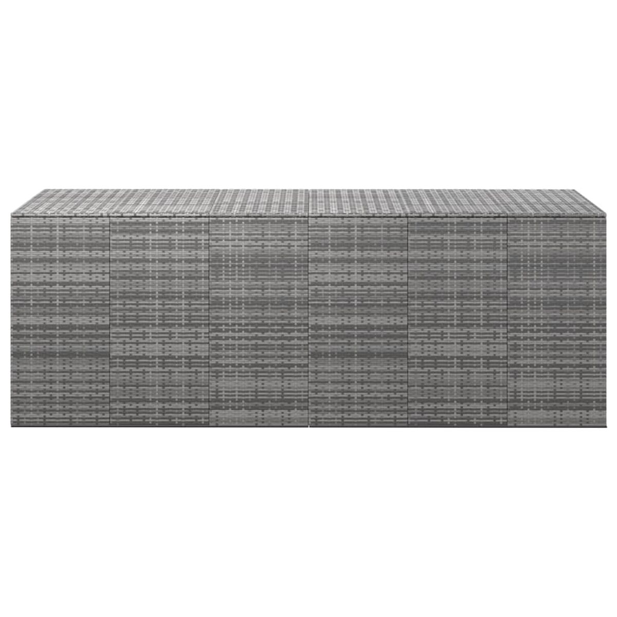 Ein langer, grau gewebter Schrank mit mehreren Türen. Er wirkt stabil und modern.