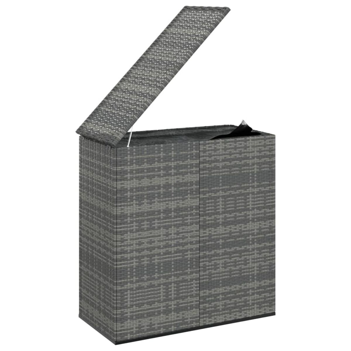 Graue Wicker-Aufbewahrungsbox mit offenem Deckel. Die Box hat eine rechteckige Form.