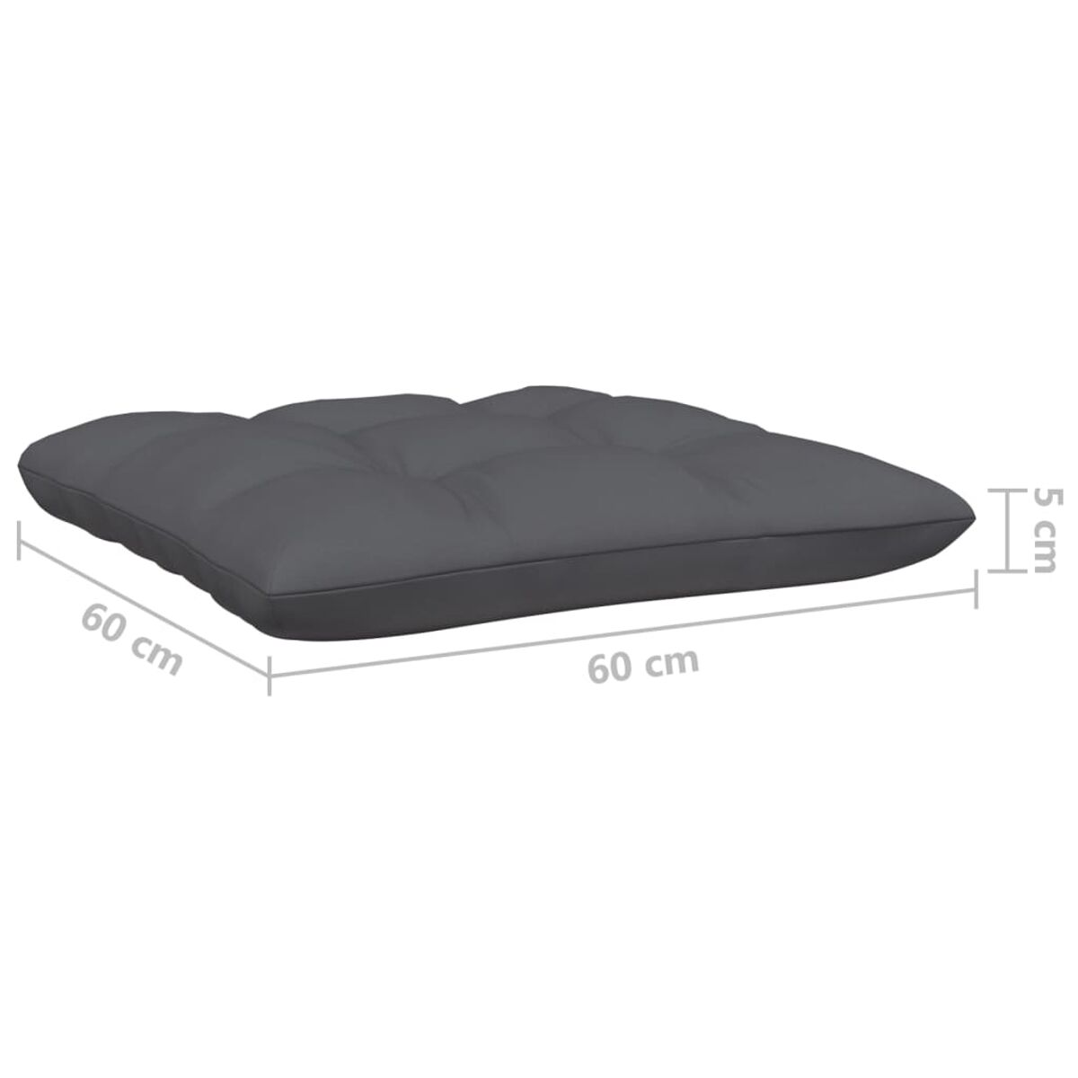 Graues, quadratisches Kissen mit Maßangaben. Es ist 60 cm breit und 5 cm dick.