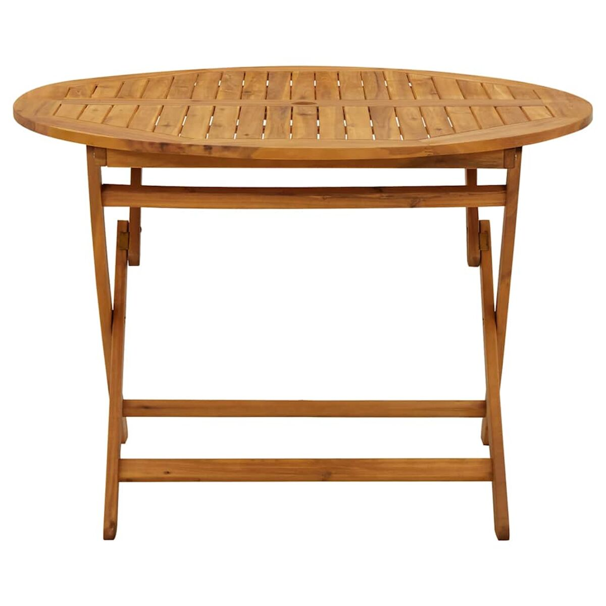 Ovaler Holztisch mit Lattenrost. Klappbeine. Weißer Hintergrund.
