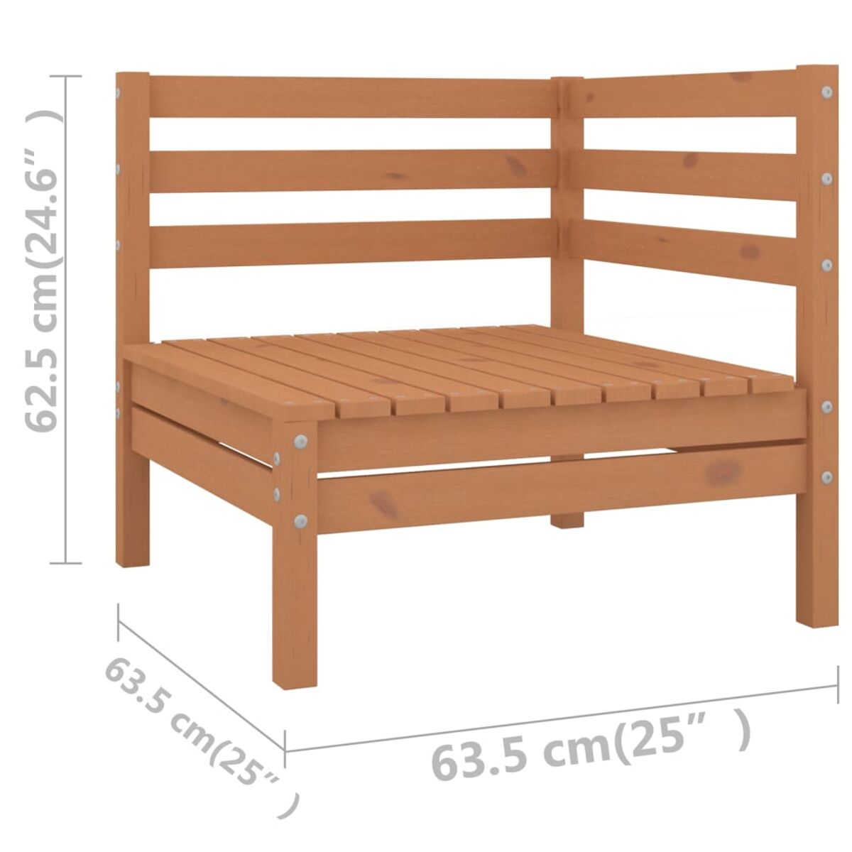 Ein Eckstuhl aus Holz mit beschrifteten Abmessungen. Der Stuhl ist aus hellbraunem Holz.