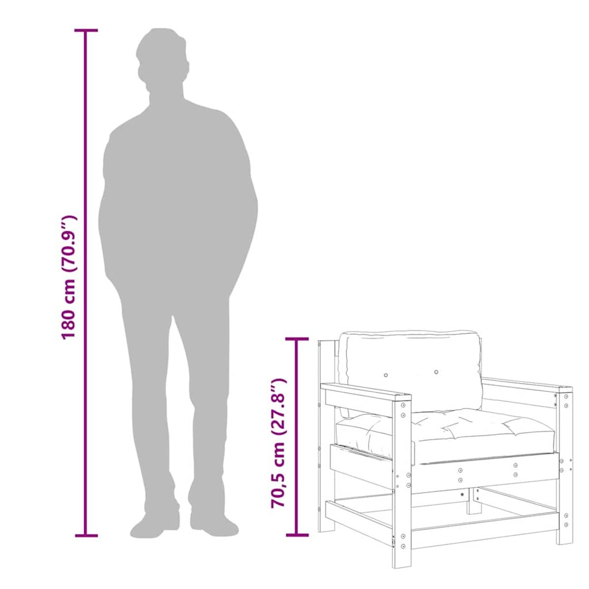 Eine Person steht neben einem hölzernen Stuhl im Freien. Messung von Höhe und Länge in cm.