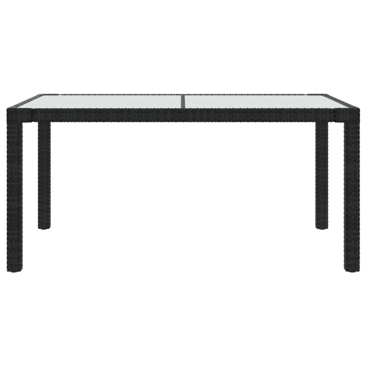 Schwarzer rechteckiger Tisch mit Glasplatte. Die Beine sind schwarz, weidenartig.